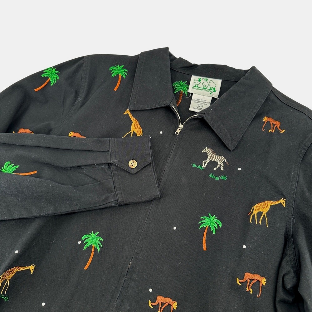 VTG Quacker Factory Safari Embroidered Zip Up Shirt AOP Grandmacore Womens Large